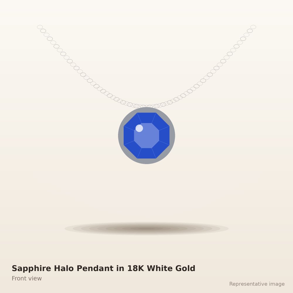 Sapphire Halo Pendant in 18K White Gold